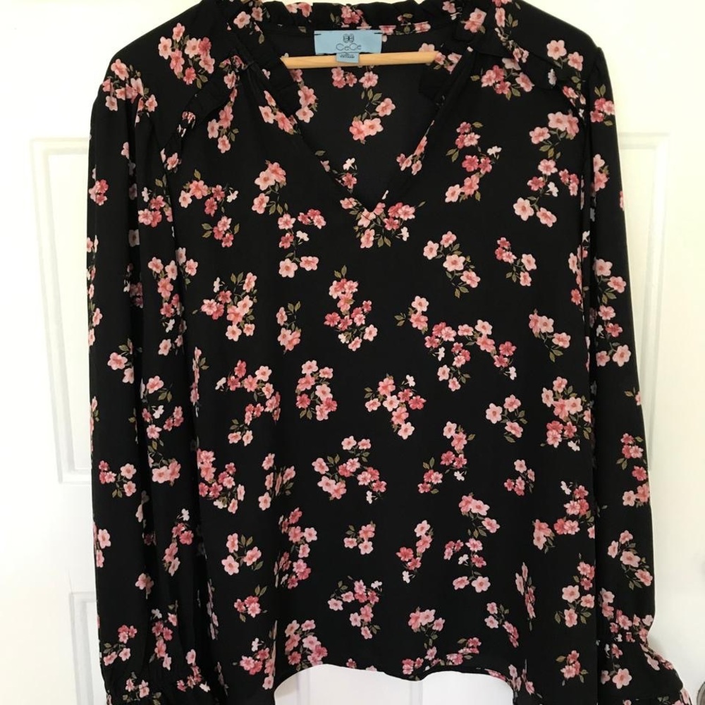 CeCe Black Blouse with Pink Floral Design